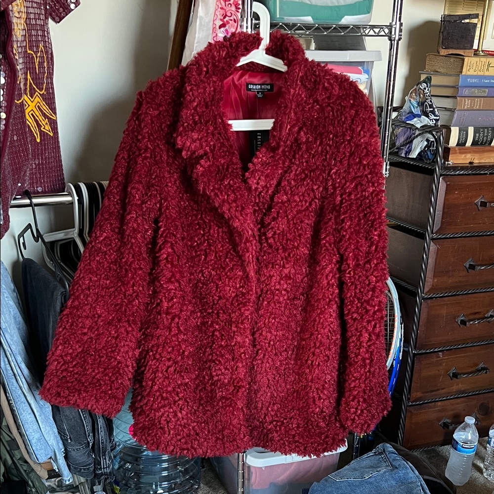 Fashion Nova Deep Red Teddy Jacket